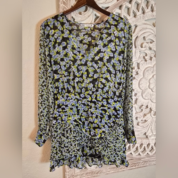 Zara Women’s Floral Print Ruched Details Long Sleeve Mini Dress M - Picture 2 of 8
